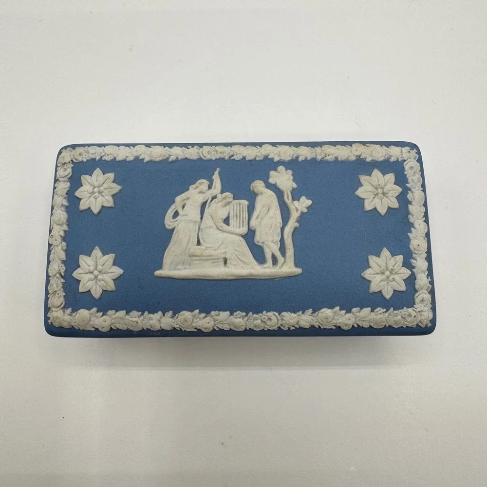 Wedgwood Blue Jasperware Rectangular Trinket Box Neoclassical Made in England
